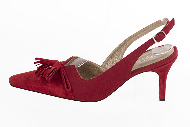 Cardinal red women's open back shoes, with a knot. Tapered toe. High slim heel. Profile view - Florence KOOIJMAN